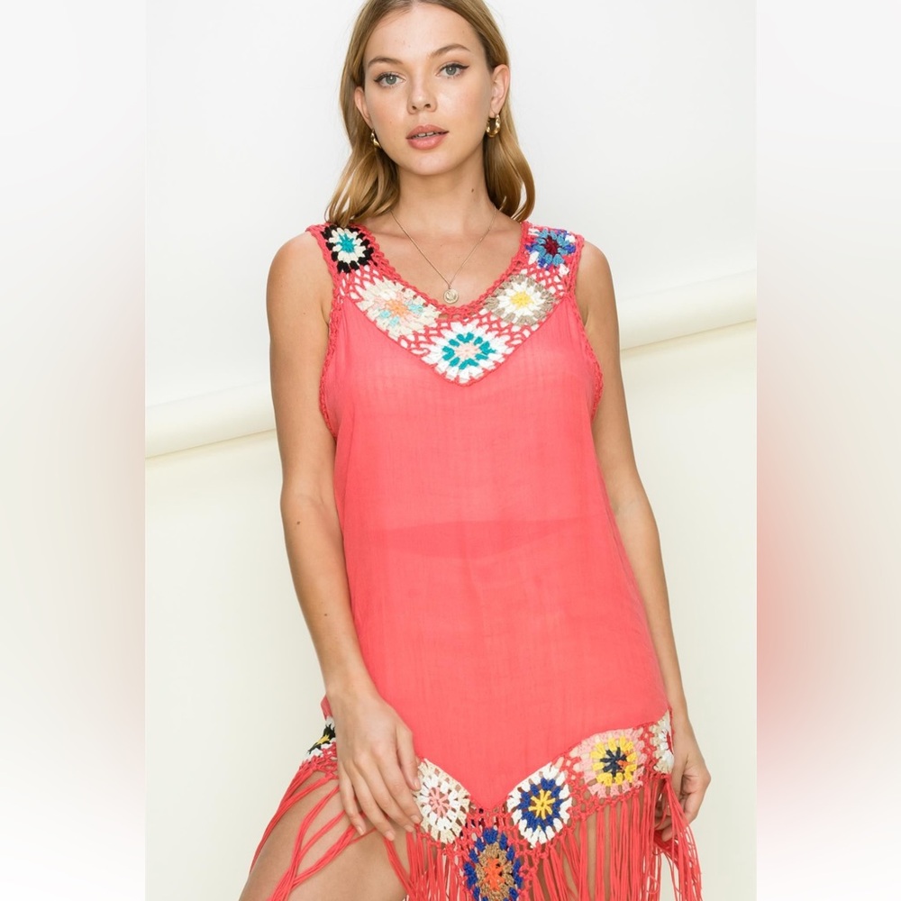 Hyfve Womens Coral Crochet Trim Cover Up Dress Boho Fringe Beach Swim Summer